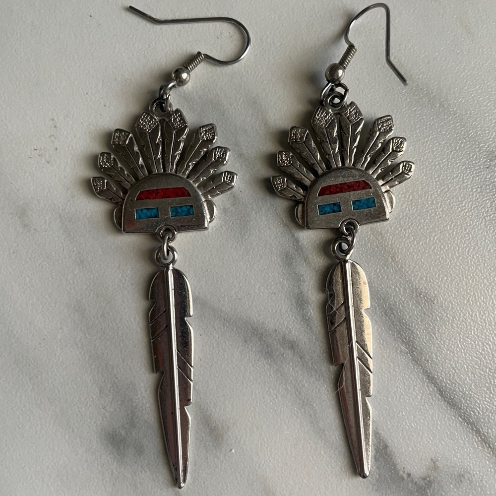 Signed Southwestern SW 91 Earrings Inlaid Turquoise Headpiece Feathers